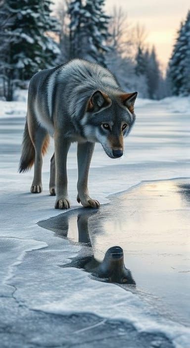Wolf Gazing at Reflection in Frozen Pond