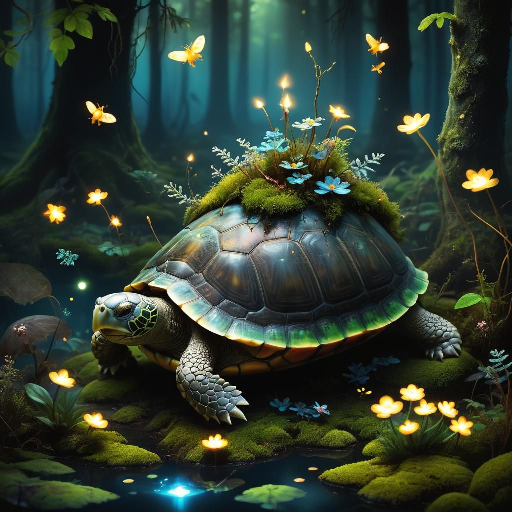 Magical Turtle in Bioluminescent Forest