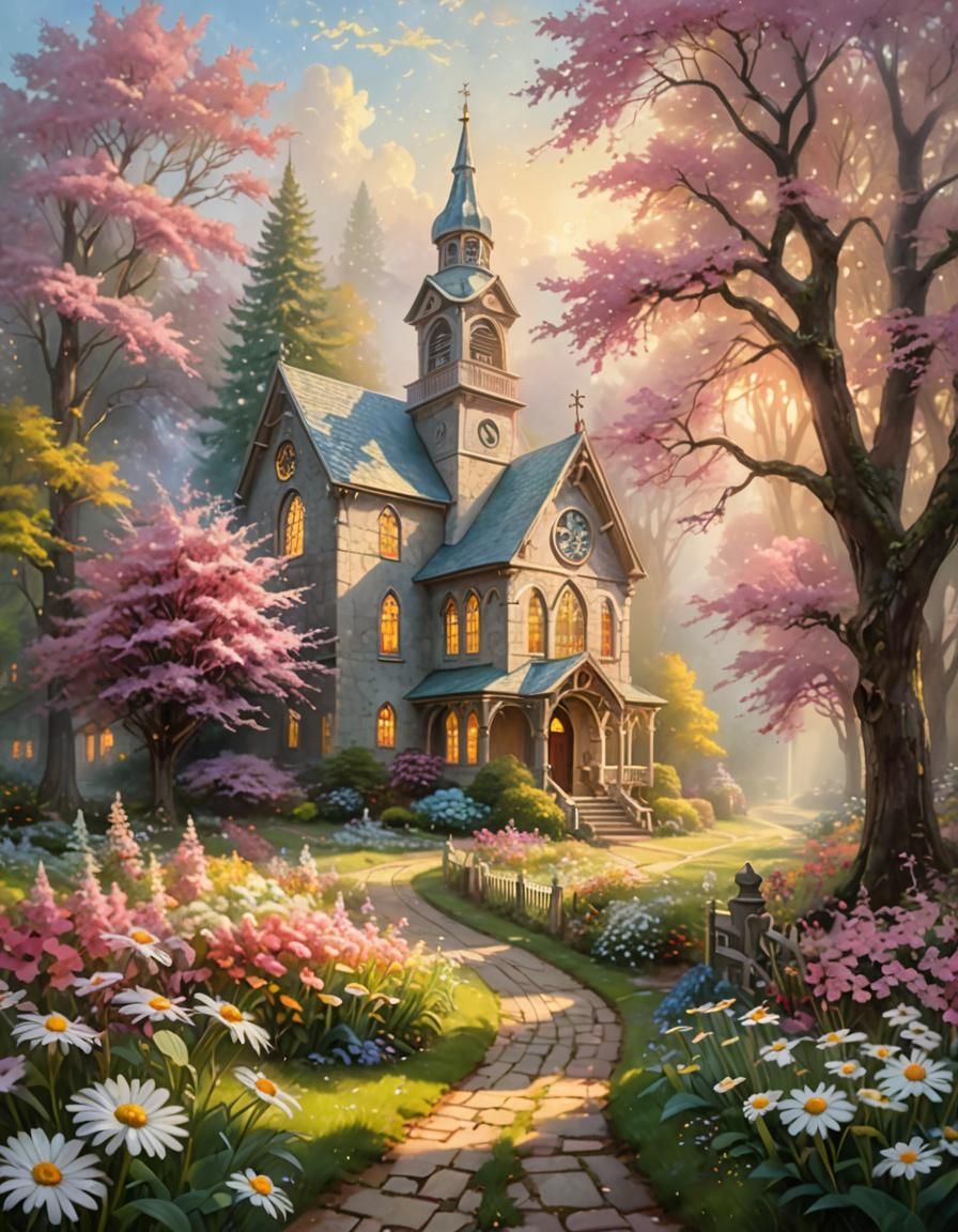 Country Church with Stained Glass in Kinkade Style