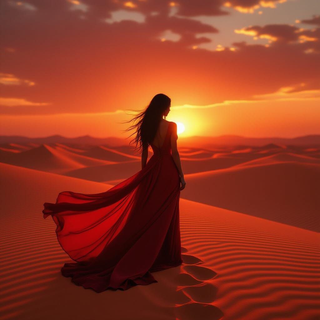 Fiery Desert Sunset with Silhouetted Figure