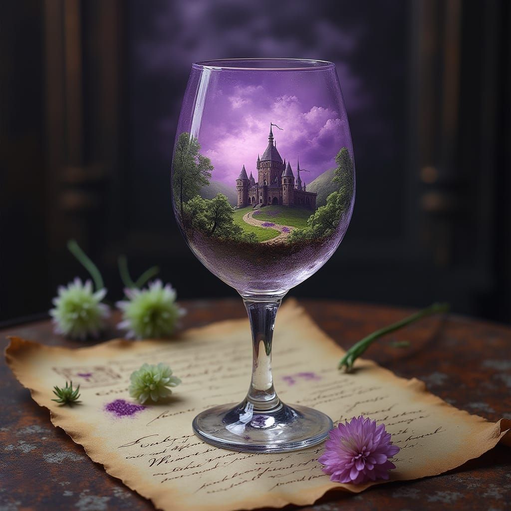 Fantastical Miniature Landscape Within Antique Wine Glass