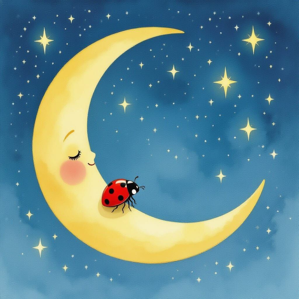 Ladybug on Crescent Moon Watercolor Illustration