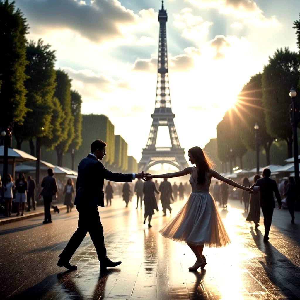 Couple Dancing in Rainy Paris: Hyperreal Detail