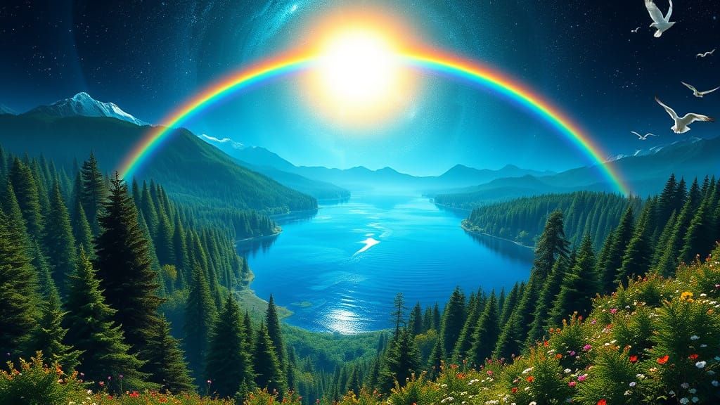 Sapphire Lake with Rainbow Wind Under Fiery Sun