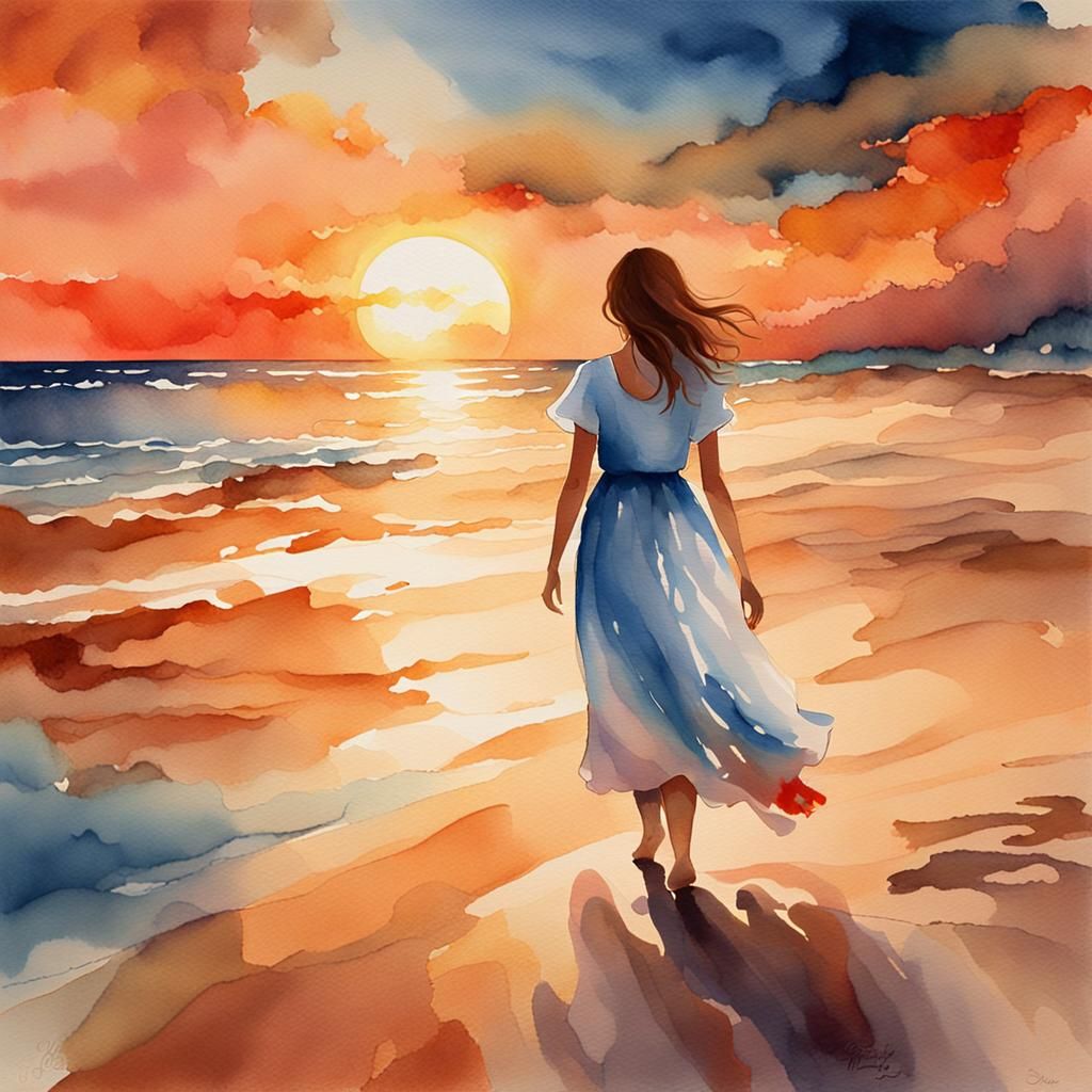 Girl on Beach at Sunset in Watercolor Style