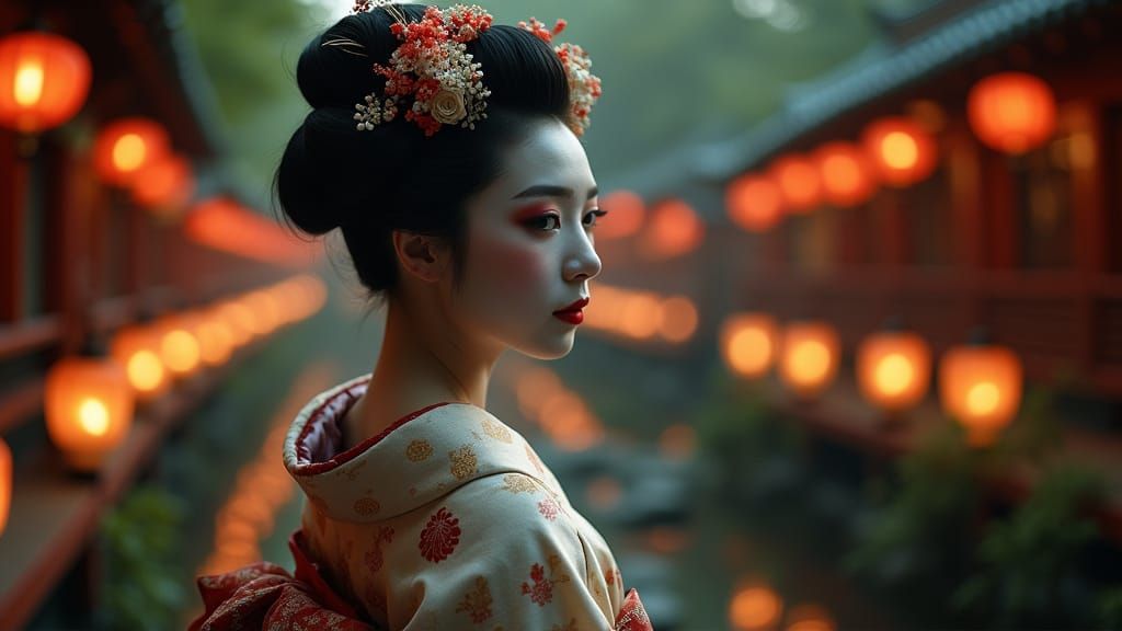 Beautiful Geisha in Lantern-Lit Japanese Garden, Cinematic S...