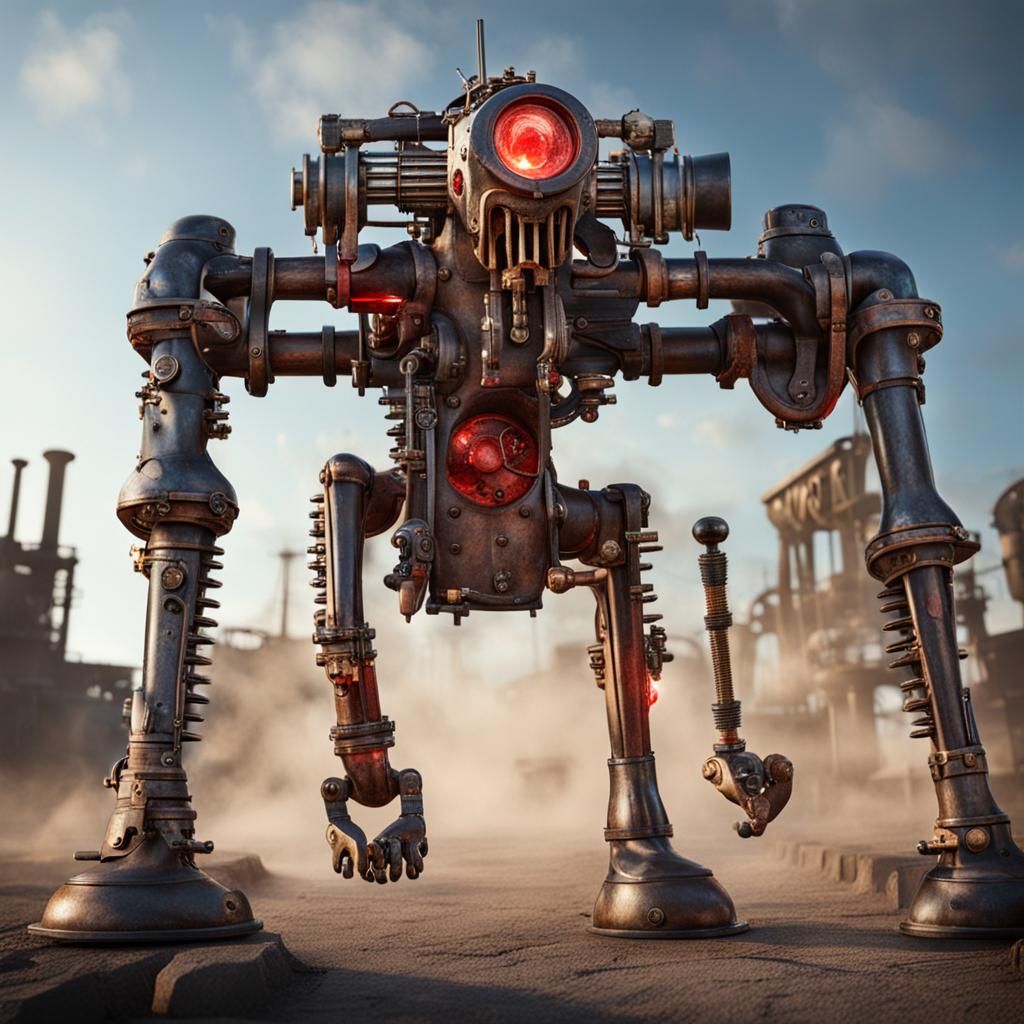 Steampunk Bipedal Dog Covered in Blood