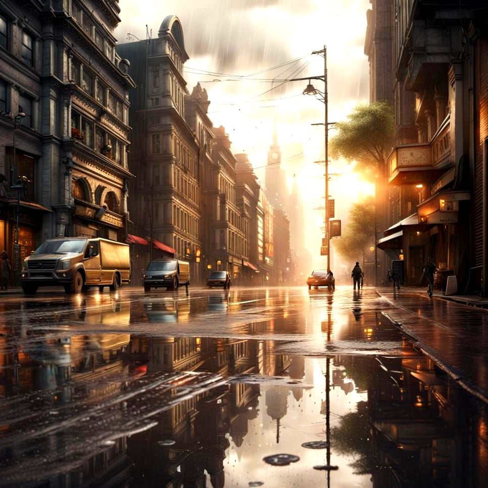 City Street After Rain: Dramatic Digital Painting