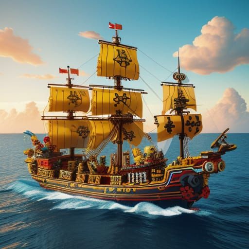 Lego Pirate Ship Sails to Desert Island in Golden Light