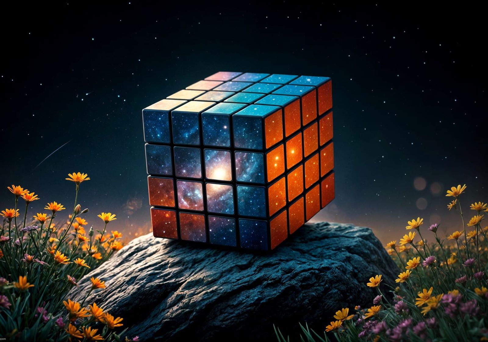 Surrealistic Double Exposure of Rubik's Cube in a Galaxy Fie...