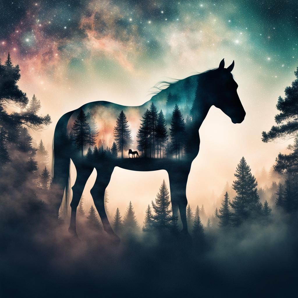 Dreamy Double Exposure: Forest Horse in Cityscape
