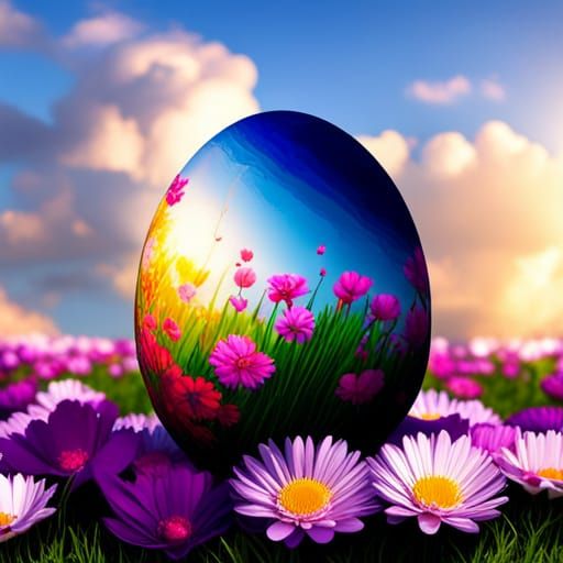 Intricately Decorated Easter Eggs in Floral Field