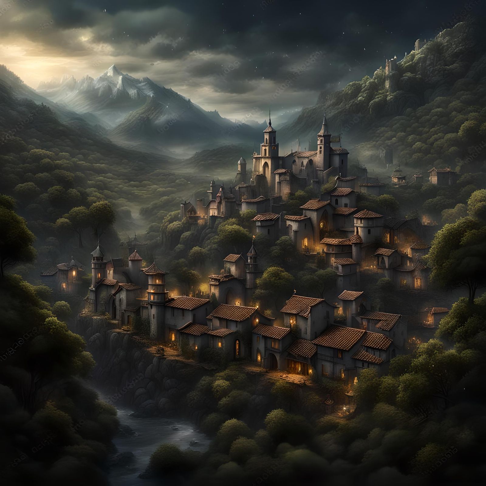 Dark Fantasy Village in Medieval Spanish Forest