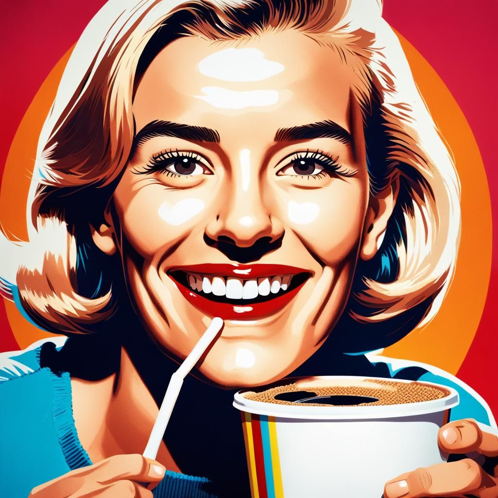Woman Sipping Giant Coffee in Pop Art Style