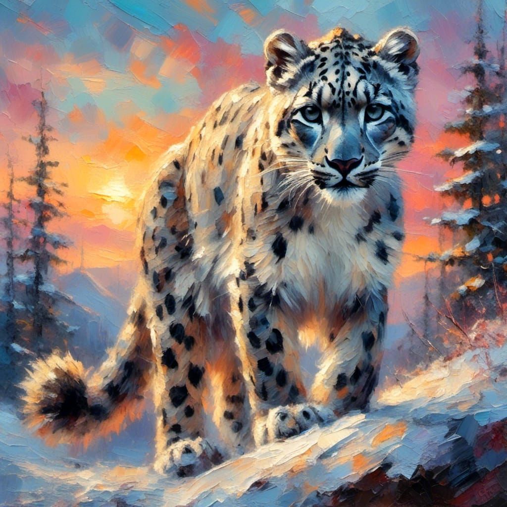 Snow Leopard in Winter Landscape as Impasto Oil Painting