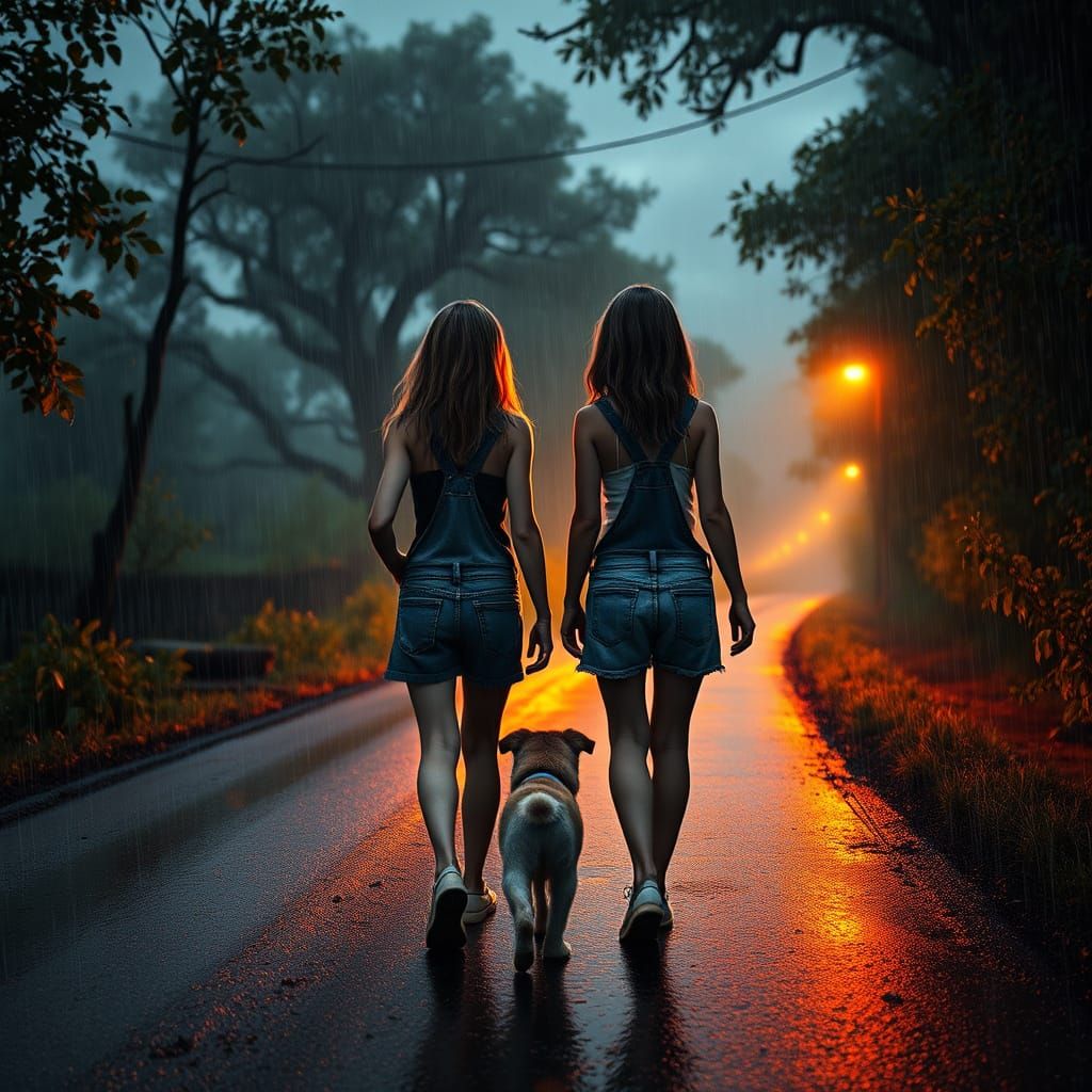 Teen Girls Walking in Summer Rain, Photorealistic Style
