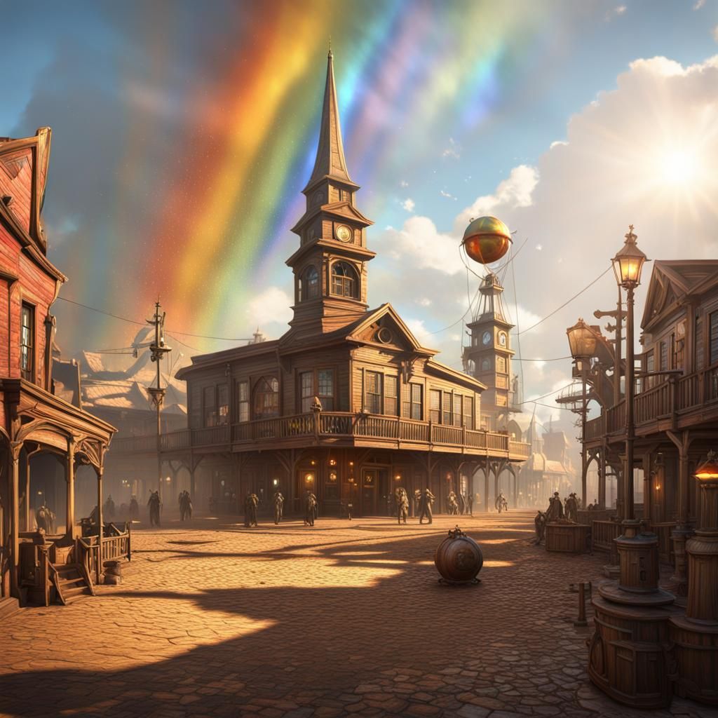 Airship Over Old West Town Square with Rainbow