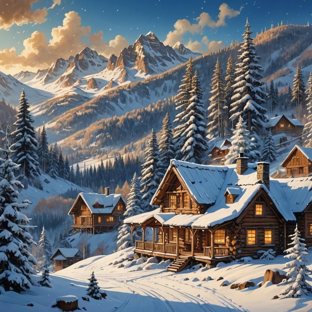 Cozy Log Cabin in Snowy Mountains: Digital Matte Painting
