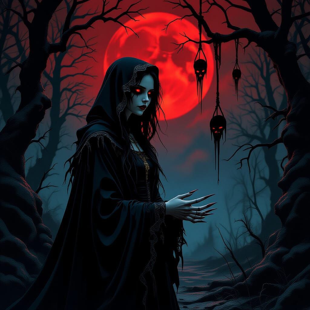 Gothic Necromancer Witch in Eerie Forest