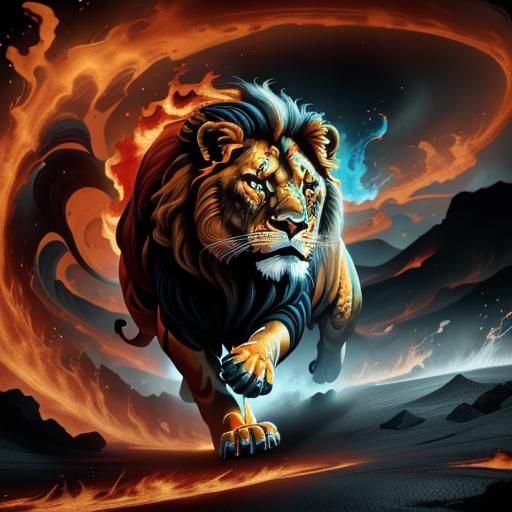Fiery Lion Walking on Magma in Orange Monochrome