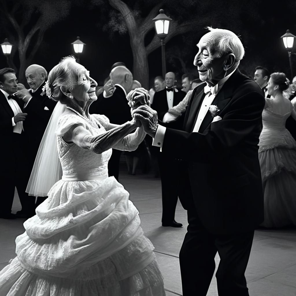 Elderly Couple Dancing in Moonlight: Romantic Photo
