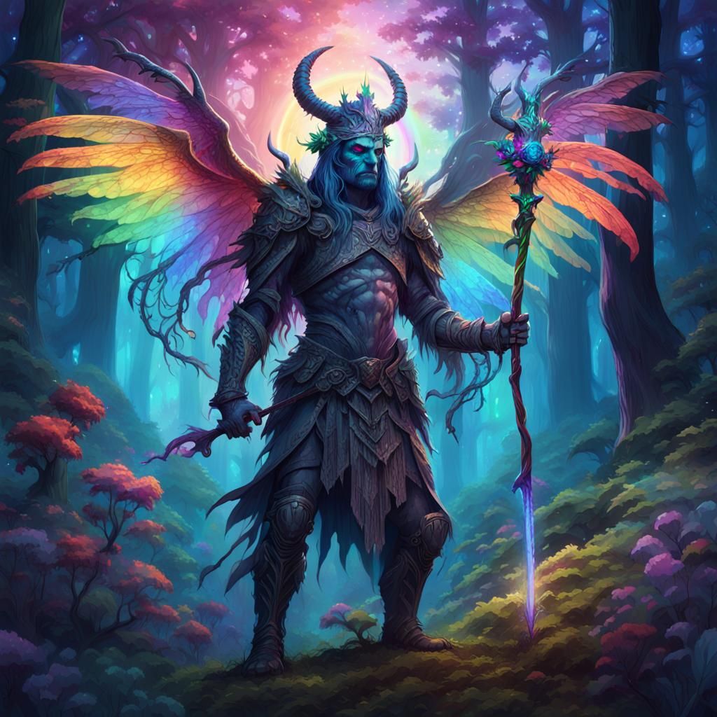 Ethereal Demon Knight in Vibrant Mystic Forest