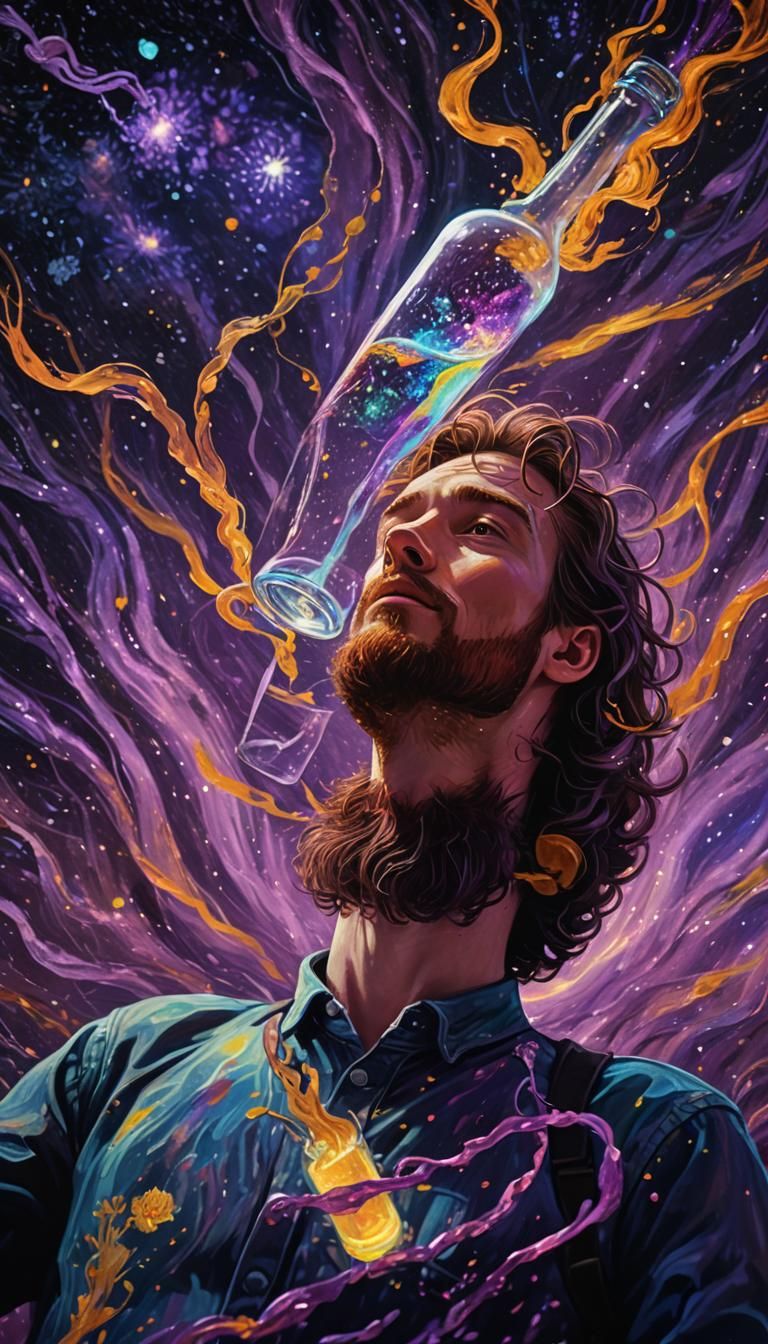 Surreal Person with Glowing Drink in Space