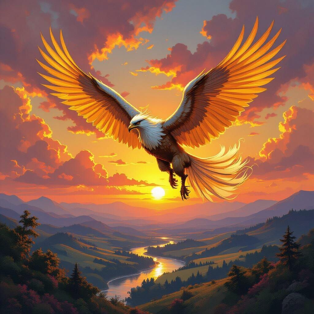 Griffin Soaring Through Sunset Sky in Fantasy Art Style