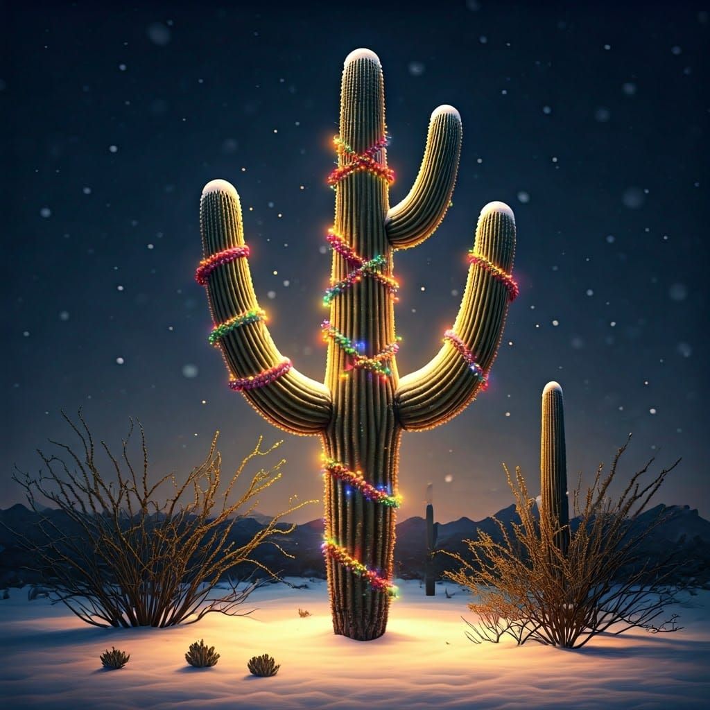 Saguaro Cactus Radiant with Vibrant Holiday Lights in Desert...