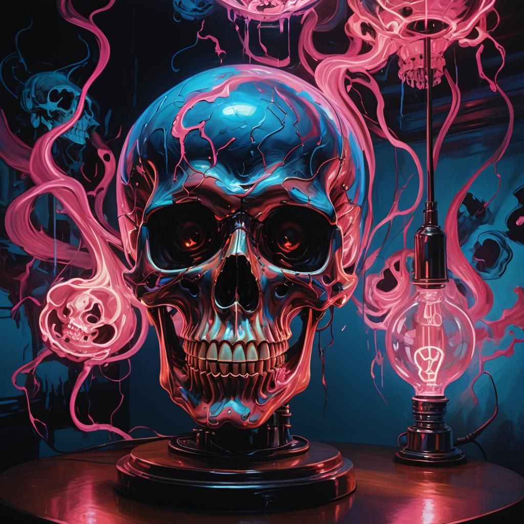 Surrealist Neon Lamp and Skull Oil Painting