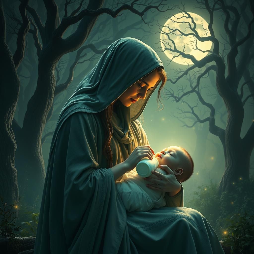 Mystical Woman Feeding Baby in Dreamlike Forest