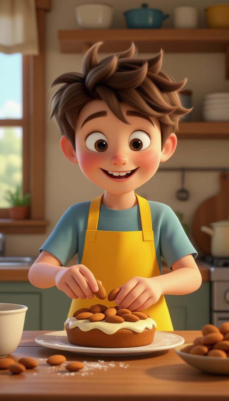 Boy Decorates Dessert with Almonds in Pixar Style