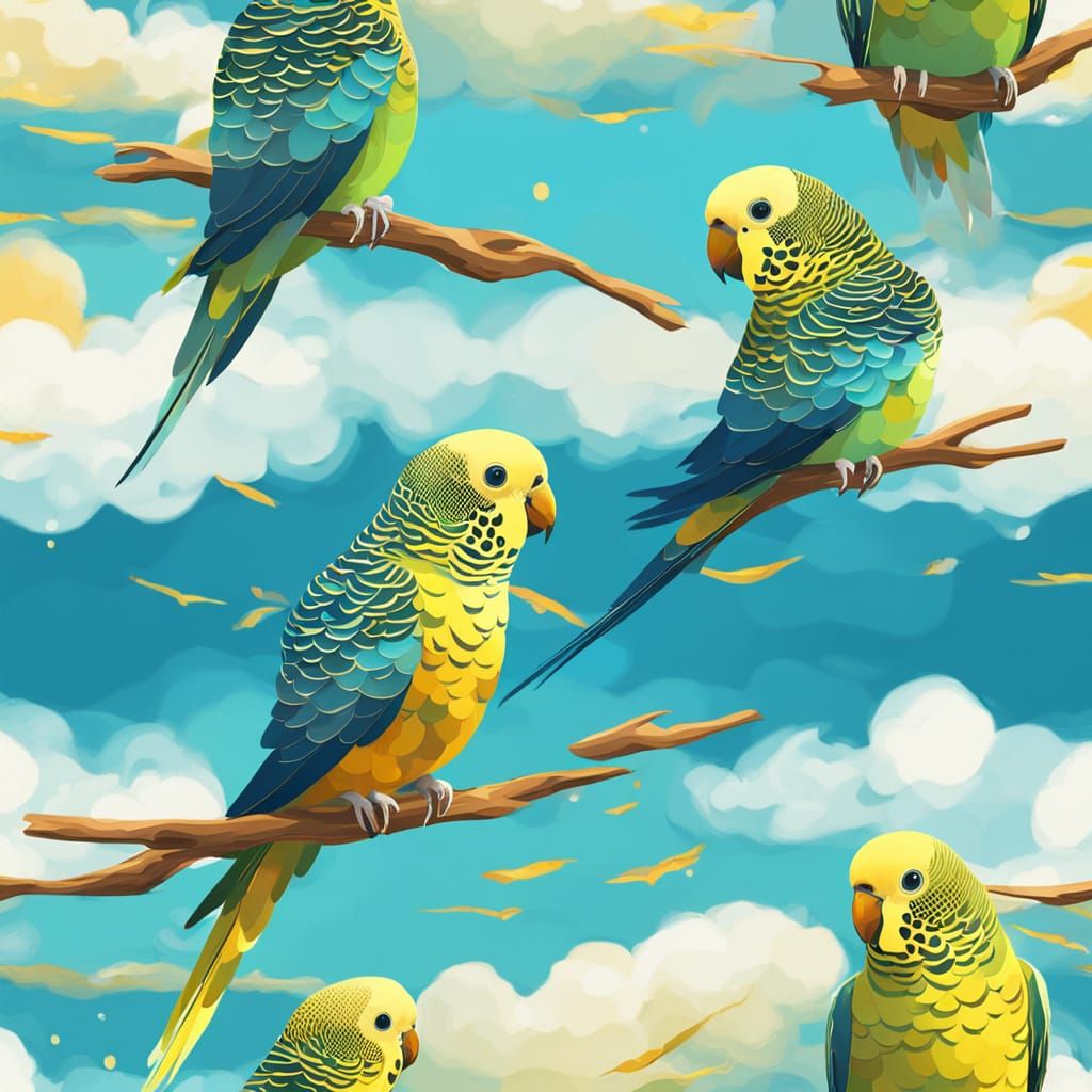 Two Budgies Soar Over the Sea in Vibrant Digital Art