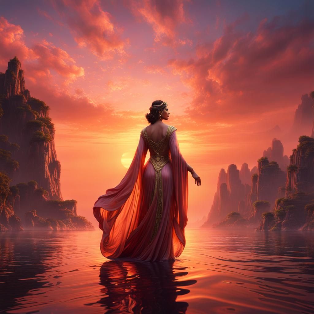 Ethereal Goddess Emerges from Water at Sunset