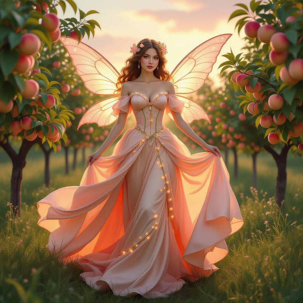 Peach Princess in Magical Orchard, Art Nouveau Style