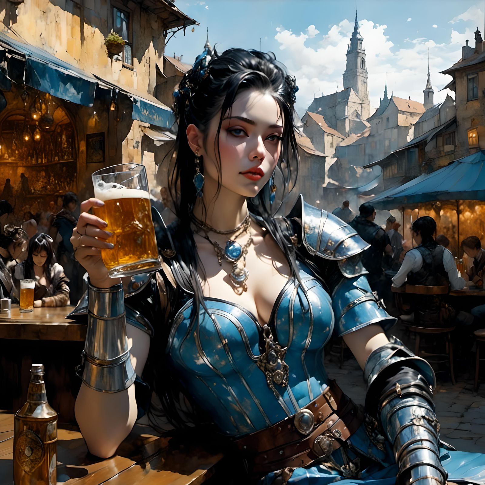 Pensive Warrior in Fantasy City: Hyperdetailed Oil Painting