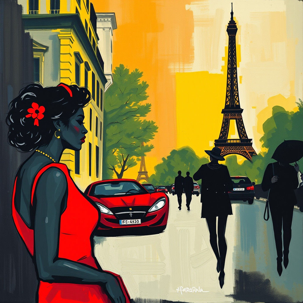 Vibrant Black Woman Speeds Past the Eiffel Tower