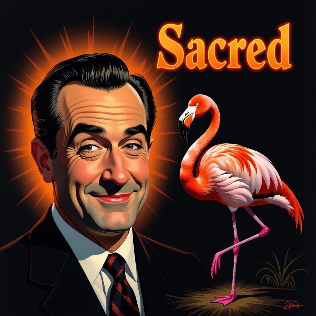 Surreal Portrait of Pecker with Sacred Glow and Flamingo