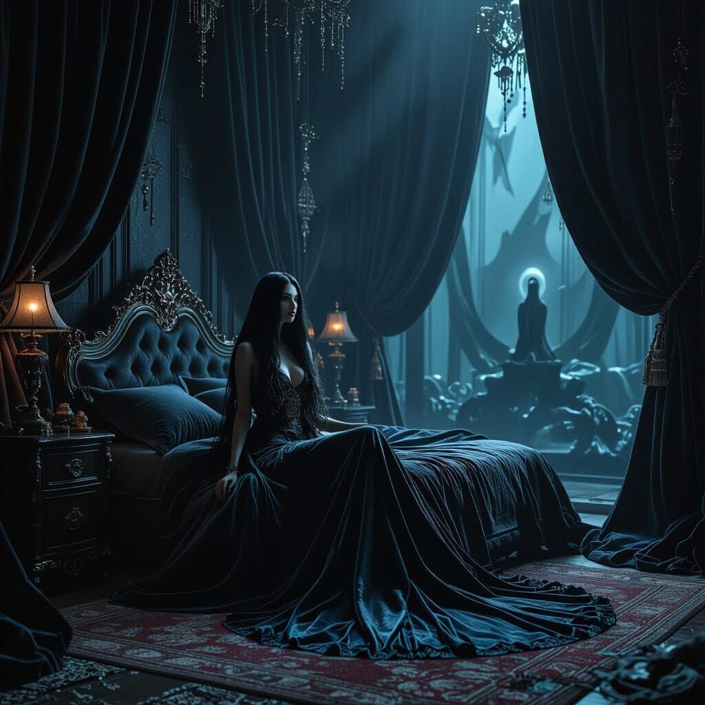 Mystical Land Siren in Dark Biomechanical Bedroom