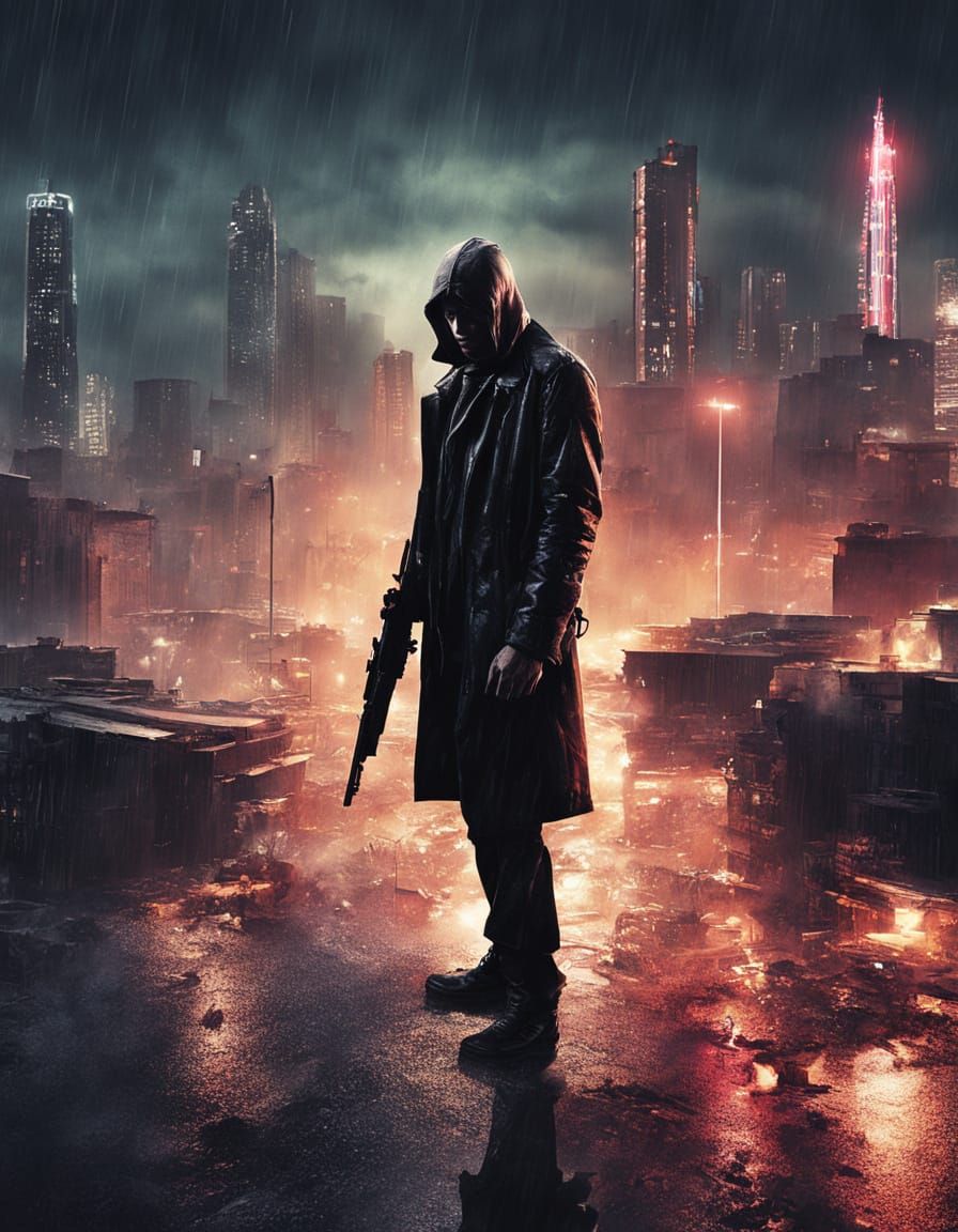 Enigmatic Assassin Stares Down City in Neon-Lit, High-Contra...