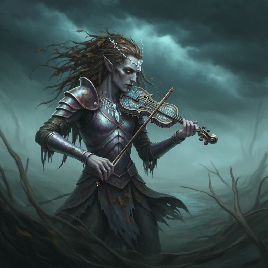 Melancholic Elf Musician in Misty Swamp