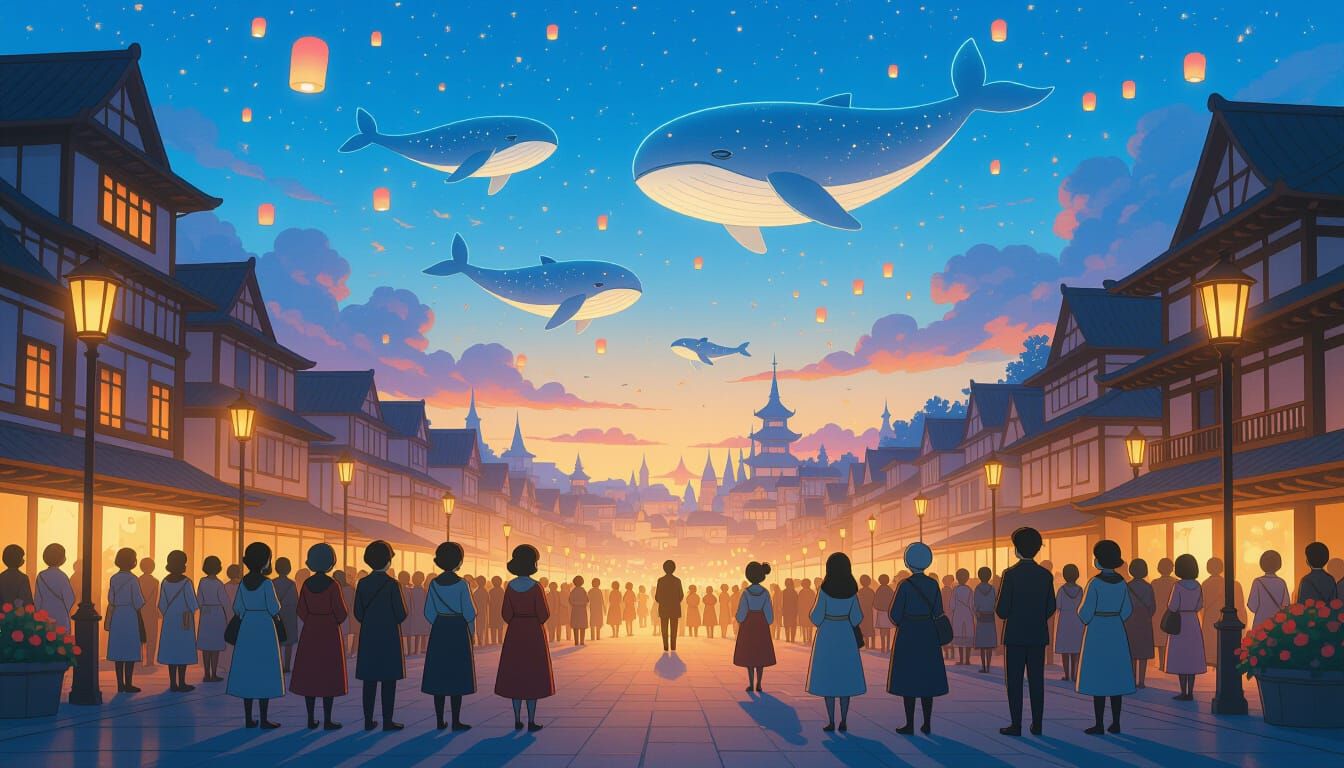 Sky-Whale Migration Festival with Bioluminescent Flora