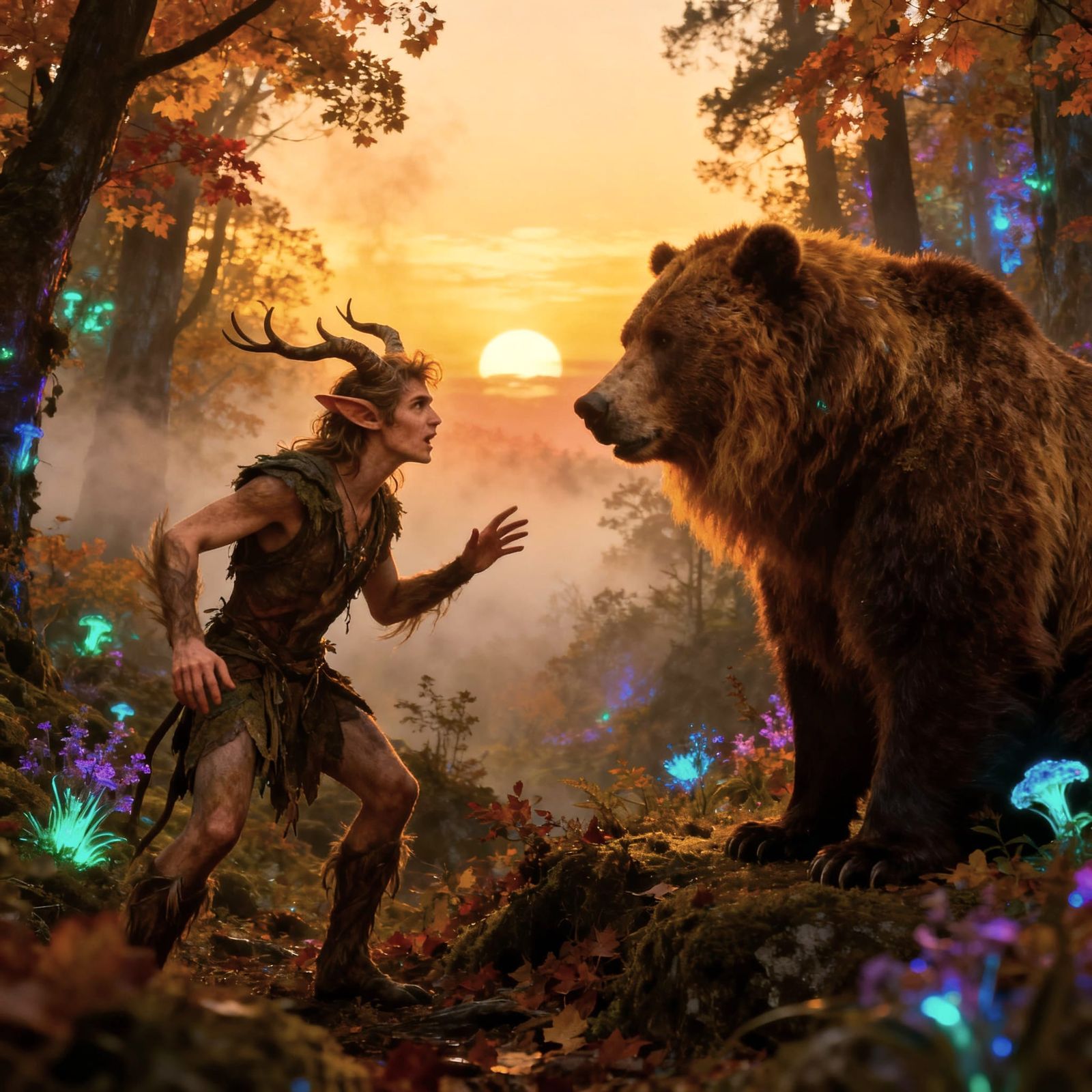Faun and Bear in Bioluminescent Forest at Sunset