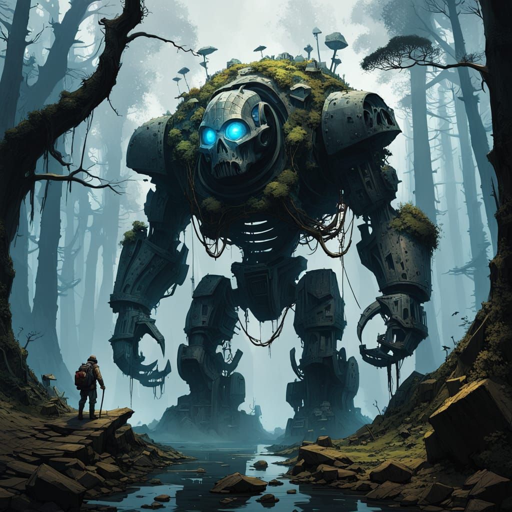 Cyberpunk Stone Golem Amidst Twisted Trees in a Foggy Swamp