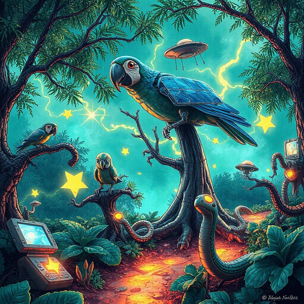 Futuristic Robots and Nature Coexist with Neon Lights