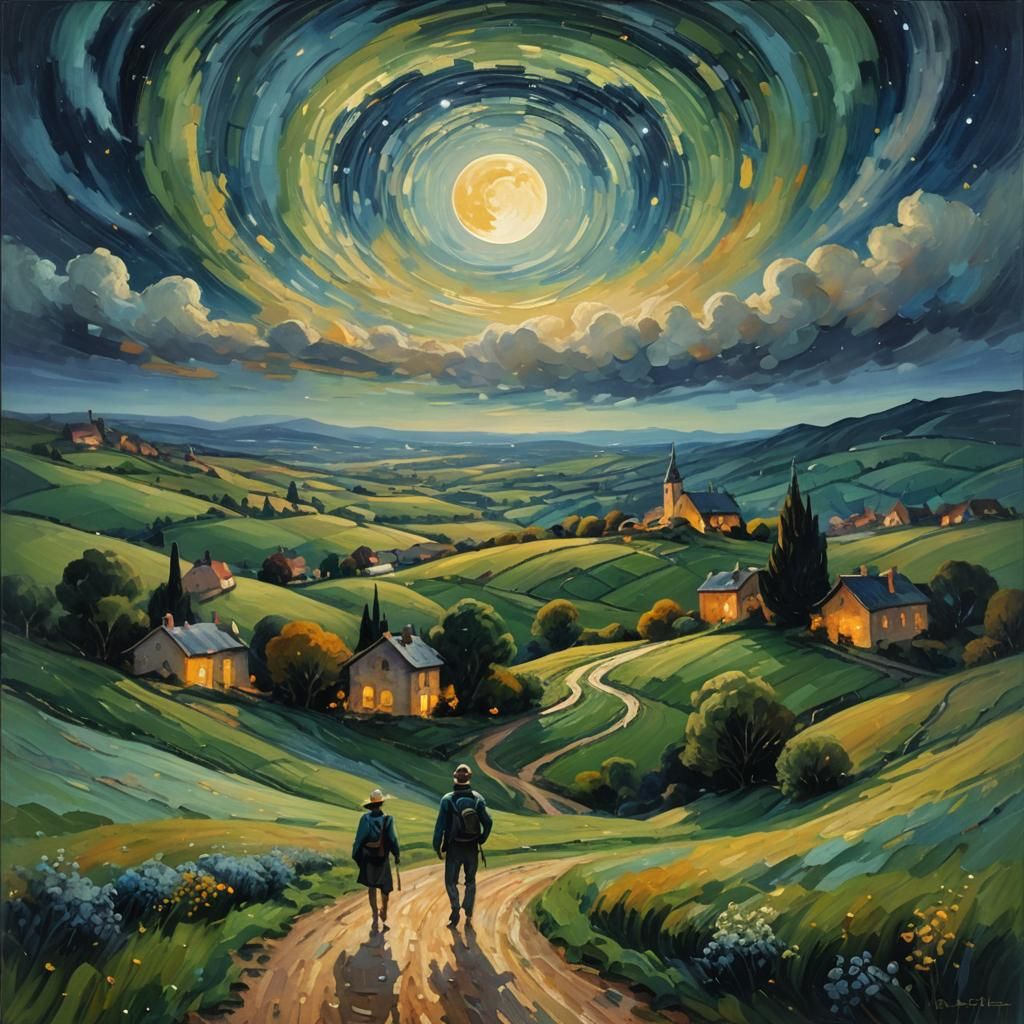 Impressionist Traveler Under Starry Night Sky