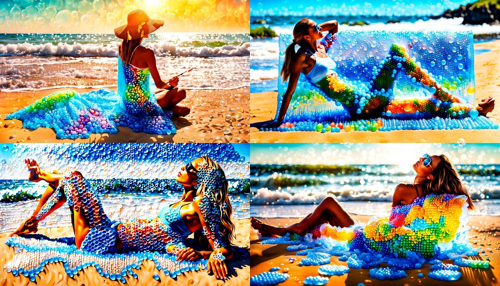 Woman on Beach with Acrylic Bubble Wrap
