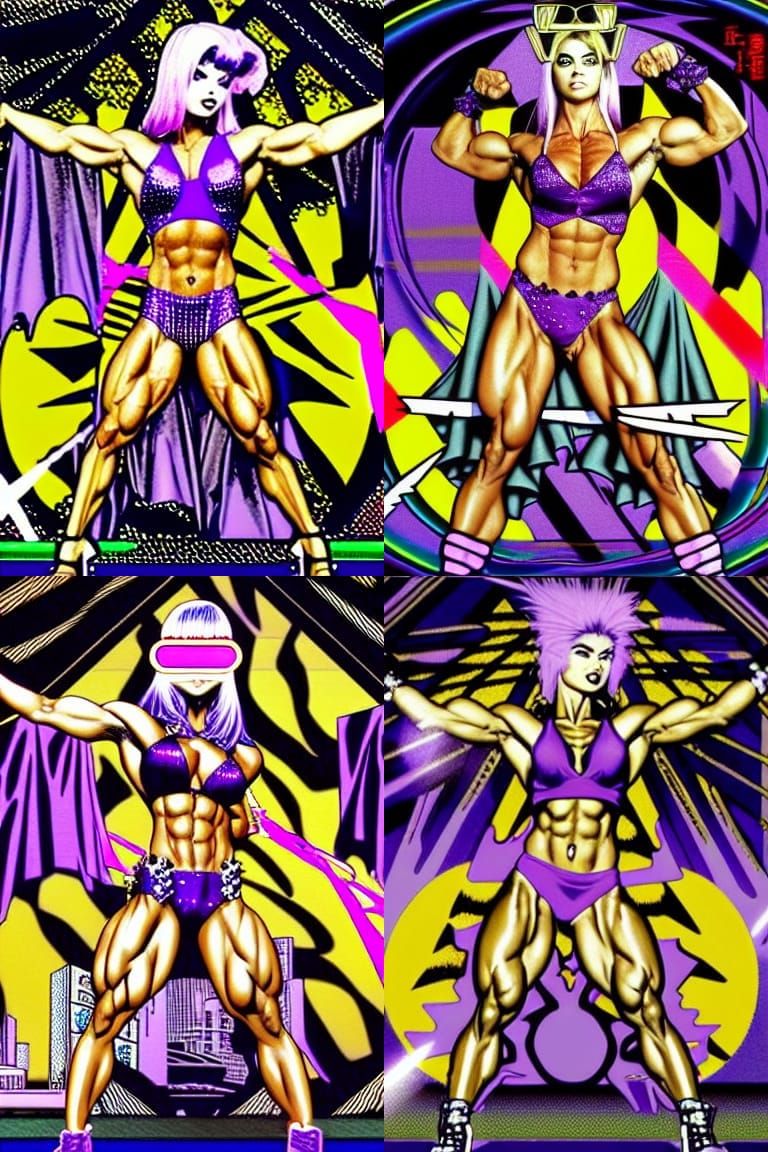 Gothic Bodybuilder in Purple Bikini, Anime Style