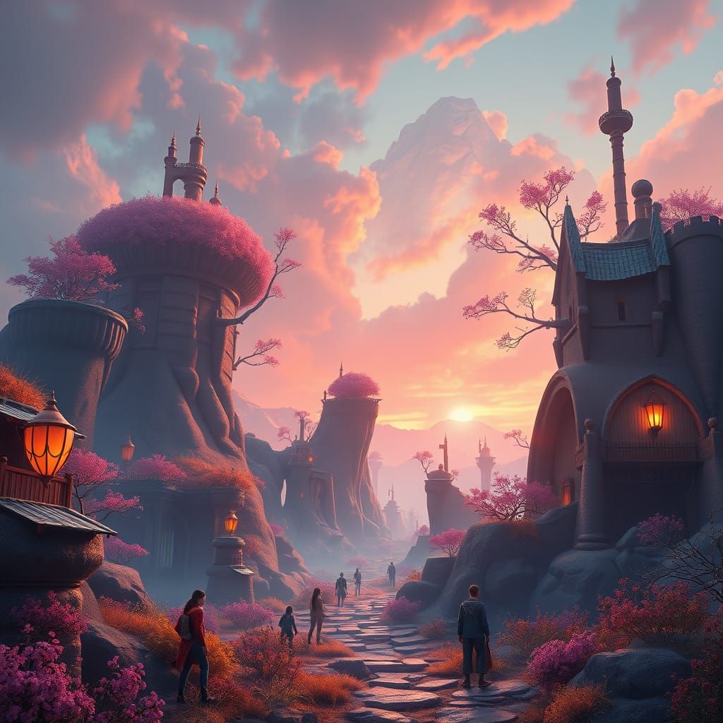 Whimsical Fantasy Film-Inspired Scene in Vibrant Colors