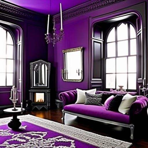 Gothic loft Apartment with Purple walls with Ethereal gothic silver windows& Purple Gothic victorian furniture& Purple g...
